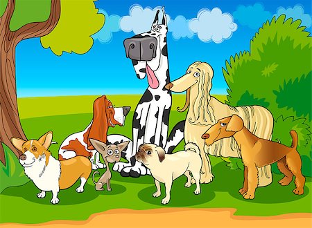 simsearch:400-04214443,k - Cartoon Illustration of Cute Purebred Dogs or Puppies Group against Rural Scene with Blue Sky Stock Photo - Budget Royalty-Free & Subscription, Code: 400-06527081