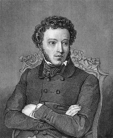 simsearch:400-05228888,k - Alexander Pushkin (1799-1837) on engraving from 1859. One of the greatest Russian poets. Engraved by unknown artist and published in Meyers Konversations-Lexikon, Germany,1859. Stock Photo - Budget Royalty-Free & Subscription, Code: 400-06527842