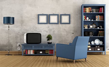 Blue vintage interior with  bookcase armchair  and old television - rendering Stock Photo - Budget Royalty-Free & Subscription, Code: 400-06528794