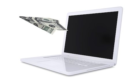simsearch:700-05452103,k - White laptop and the plane of dollars. Isolated render on a white background Stock Photo - Budget Royalty-Free & Subscription, Code: 400-06528844