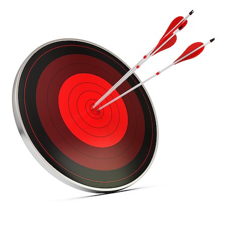 Three red arrows hitting the center of a red target or dart, white background, concept of achieving objectives Stock Photo - Budget Royalty-Free & Subscription, Code: 400-06529353
