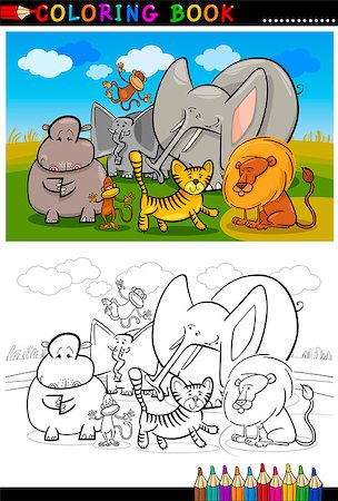 simsearch:400-04053564,k - Cartoon Illustration of Funny African Wild Animals like Elephant, Hippo, Lion and Monkey for Coloring Book or Coloring Page Stock Photo - Budget Royalty-Free & Subscription, Code: 400-06529554