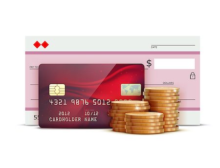 Vector illustration of business concept with red credit card, bank check and stacks of golden coins Stock Photo - Budget Royalty-Free & Subscription, Code: 400-06529928