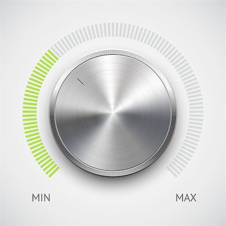Abstract technology music button (volume settings banner, sound control knob) with metal texture (stainless steel, chrome, silver), realistic shadow, light dark background and scale for internet sites, web user interfaces (ui) and applications (app). Vector design illustration. Stock Photo - Budget Royalty-Free & Subscription, Code: 400-06520248