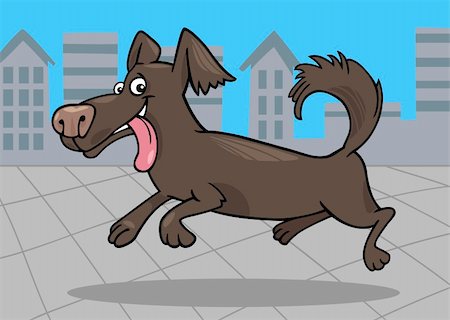 simsearch:400-04214443,k - Cartoon Illustration of Funny Little Running Shaggy Dog against Blue Sky and Urban Scene with City View Stock Photo - Budget Royalty-Free & Subscription, Code: 400-06520996