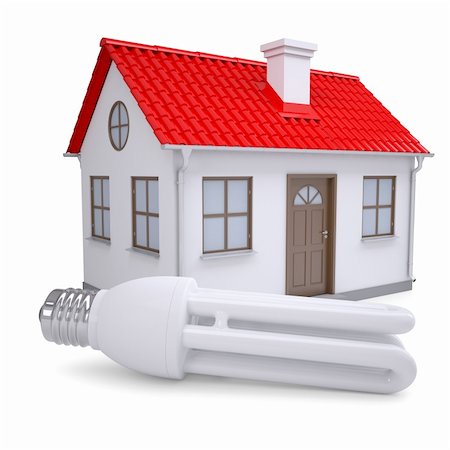 environment home symbol - Energy saving lamp on the background of a small house. Isolated render on a white background Stock Photo - Budget Royalty-Free & Subscription, Code: 400-06521833