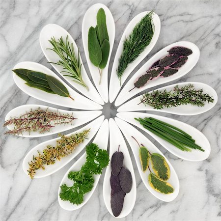 Fresh herb selection in white porcelain leaf shaped bowls over marble background. Stock Photo - Budget Royalty-Free & Subscription, Code: 400-06522349
