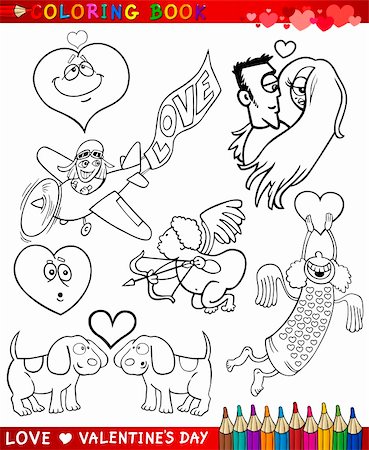 Valentines Day and Love Themes Collection Set of Black and White Cartoon Illustrations for Coloring Book Stock Photo - Budget Royalty-Free & Subscription, Code: 400-06523061