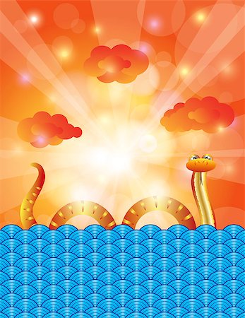 Chinese New Year of the Water Snake 2013 with Water Sky Clouds and Sun Rays Background Illustration Foto de stock - Super Valor sin royalties y Suscripción, Código: 400-06554621