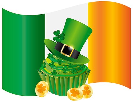 simsearch:400-05731405,k - Ireland Flag with Leprechaun Hat Gold Coins Cupcake and Shamrock Isolated on White Background Illustration Stock Photo - Budget Royalty-Free & Subscription, Code: 400-06555532