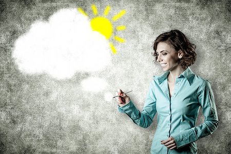 Smiling girl draws a white cloud and the sun Stock Photo - Budget Royalty-Free & Subscription, Code: 400-06558075