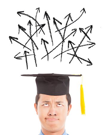 symbol for students education - confused graduate looking many different direction arrow sign Stock Photo - Budget Royalty-Free & Subscription, Code: 400-06565507
