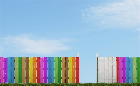 fence painting - Colorful wooden fence with open gate on grass - rendering Stock Photo - Budget Royalty-Free & Subscription, Code: 400-06566096