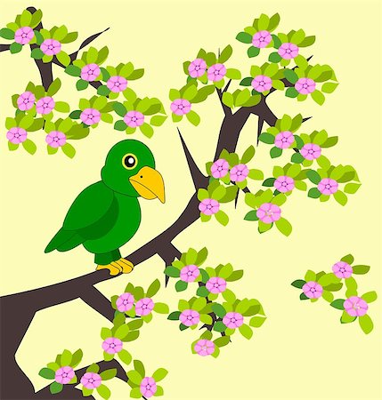simsearch:400-08410665,k - A green parrot in a flowering     tree. Photographie de stock - Aubaine LD & Abonnement, Code: 400-06569882