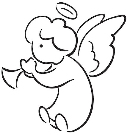 sweet baby cartoon - Black and white sketch of cute littel angel with a trumpet Stock Photo - Budget Royalty-Free & Subscription, Code: 400-06628213