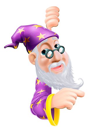 An illustration of a cute friendly old wizard character behind a sign or banner pointing a finger at it Stock Photo - Budget Royalty-Free & Subscription, Code: 400-06629446