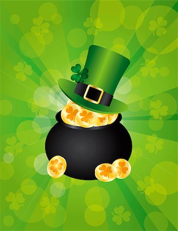simsearch:400-06519689,k - St Patricks Day Irish Leprechaun Hat with Shamrock Leaf on Pot of Gold Coins Illustration on Green Background Foto de stock - Super Valor sin royalties y Suscripción, Código: 400-06629440