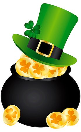 simsearch:400-06519689,k - St Patricks Day Irish Leprechaun Hat with Shamrock Leaf on Pot of Gold Coins Illustration Isolated on White Background Foto de stock - Super Valor sin royalties y Suscripción, Código: 400-06629441