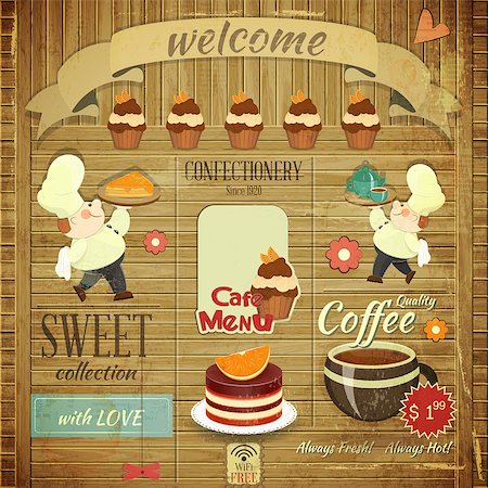 painting of people in a restaurant - Cafe Confectionery Menu Card in Retro style - Cooks brought  Dessert on Wooden Grunge Background - Vector illustration Stock Photo - Budget Royalty-Free & Subscription, Code: 400-06629744