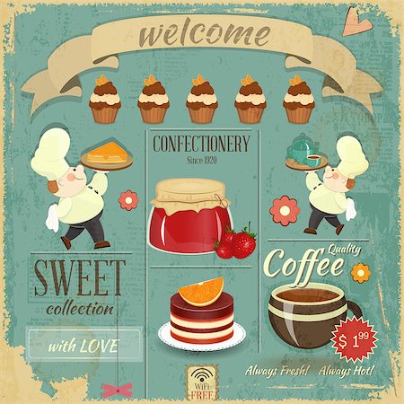 painting of people in a restaurant - Sweet Cafe Menu Card in Retro style - Cooks brought  Dessert and Pastry on Grunge Background - Vector illustration Stock Photo - Budget Royalty-Free & Subscription, Code: 400-06629743