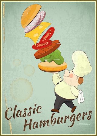 fast food restaurants background cartoon - Big Burger. Cook and Hamburger. Cover Menu. Card in retro style. Vector illustration. Stock Photo - Budget Royalty-Free & Subscription, Code: 400-06629927