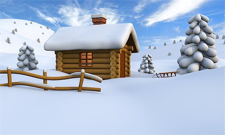 3D illustration of a cute little wooden hut in the middle of snowy countryside Stock Photo - Budget Royalty-Free & Subscription, Code: 400-06639076