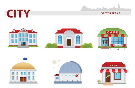 school city illustration - Public building cartoon. Set 2. School, museum, cafe, parliament, planetarium, shop Stock Photo - Budget Royalty-Free & Subscription, Code: 400-06630562