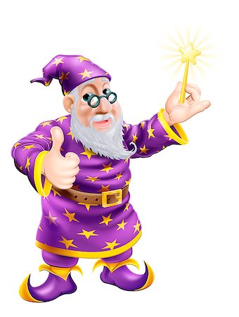 A drawing of a cute friendly old wizard character holding a wand and giving a thumbs up Stock Photo - Budget Royalty-Free & Subscription, Code: 400-06631261