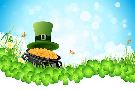 Saint Patrick's Day Background with Flowers, Leprechaun Hat and Cauldron with Gold Coins Photographie de stock - Aubaine LD & Abonnement, Code: 400-06631653