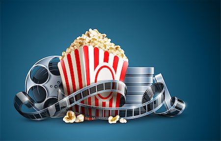 movie film reel and popcorn vector illustration on the blue background EPS10. Transparent objects used for shadows and lights drawing. Stock Photo - Budget Royalty-Free & Subscription, Code: 400-06644229