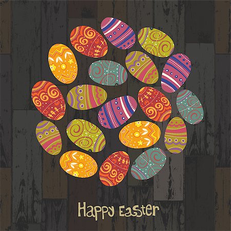 season vector - Easter eggs. Circle shaped on wooden planks background. Vector, EPS10 Stock Photo - Budget Royalty-Free & Subscription, Code: 400-06645455