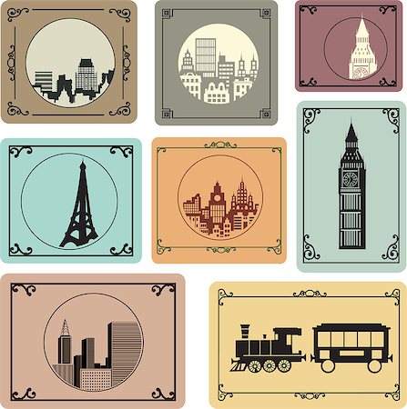 Vector set of silhouettes of cities in retro style Stock Photo - Budget Royalty-Free & Subscription, Code: 400-06687423