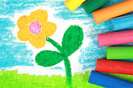 pencil painting pictures images kids - Kiddie style crayon drawing of a flower on a meadow Stock Photo - Budget Royalty-Free & Subscription, Code: 400-06695038