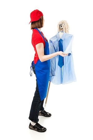 female janitor - Teenage worker holding a mop with a shirt and tie and pretending to dance with them.  Isolated on white. Stock Photo - Budget Royalty-Free & Subscription, Code: 400-06695197