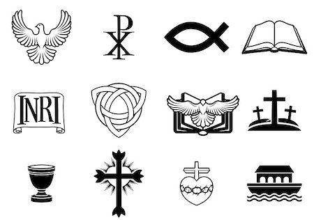 doves cross - A set of Christian icons and symbols, including dove, Chi Ro, fish symbol, bible, INRI sign, trinity christogram, cross, communion cup, ark and more Stock Photo - Budget Royalty-Free & Subscription, Code: 400-06695654