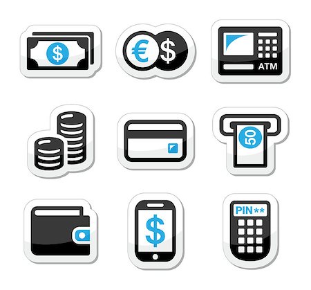 payment icon - Finance labels - atm, coins, bank notes, credit card isolated on white Stock Photo - Budget Royalty-Free & Subscription, Code: 400-06696367