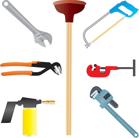 pipe wrench - Plumbers Tools,Adjustable Spanner,Wrench,Pipe Wrench,Blow Torch,Pipe Cutter and Hacksaw Stock Photo - Budget Royalty-Free & Subscription, Code: 400-06696680