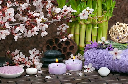 Spa concept with aromatic candles, lavender, bath salts, healing pebbles, cotton towels Stock Photo - Budget Royalty-Free & Subscription, Code: 400-06696887