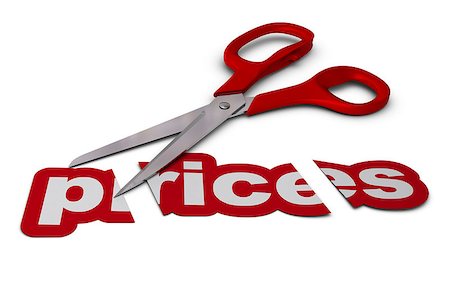 word prices cut in three parts with red scissors, white background Stock Photo - Budget Royalty-Free & Subscription, Code: 400-06698953