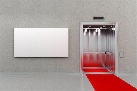 simsearch:400-04317268,k - Open elevator in business lobby with a red carpet. The billboard next to the elevator is blank for your custom message. Stock Photo - Budget Royalty-Free & Subscription, Code: 400-06699059