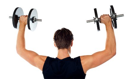 simsearch:400-06859193,k - Rear view of a young male bodybuilder doing heavy weight exercise with dumbbells Stock Photo - Budget Royalty-Free & Subscription, Code: 400-06699789