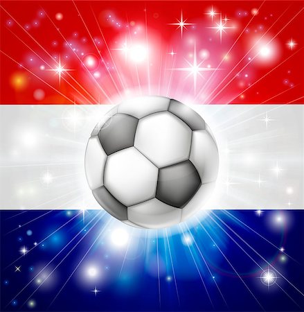 Flag of the Netherlands soccer background with pyrotechnic or light burst and soccer football ball in the centre Stock Photo - Budget Royalty-Free & Subscription, Code: 400-06692197