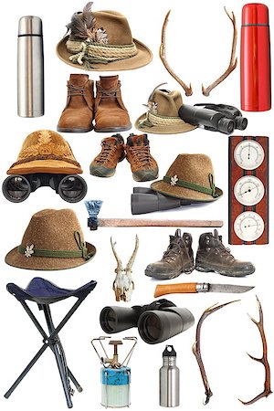 large collection of hunting and outdoor traditional equipment over white background Stock Photo - Budget Royalty-Free & Subscription, Code: 400-06700048