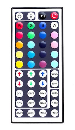 Big infrared remote control keyboard for domestic motley LED -lighting. Isolated on white background. Studio photography. Stock Photo - Budget Royalty-Free & Subscription, Code: 400-06701309