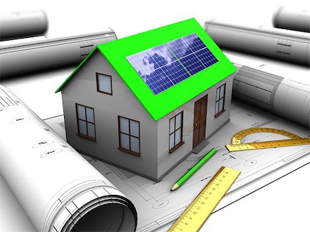 eco house - 3d illustration of house with solar panel and blueprints Stock Photo - Budget Royalty-Free & Subscription, Code: 400-06736084