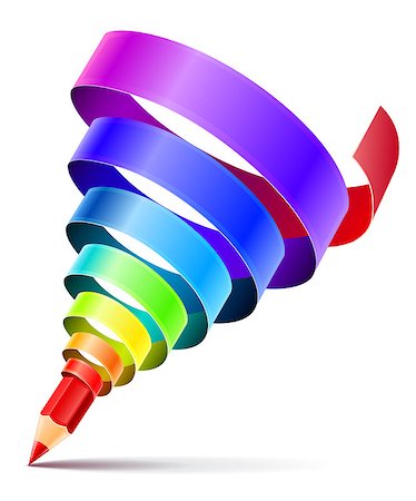 creative art pencil design concept with spiral of color rainbow ribbon isolated on white background - eps10 vector illustration. Transparent objects used for shadow drawing Stock Photo - Budget Royalty-Free & Subscription, Code: 400-06736406