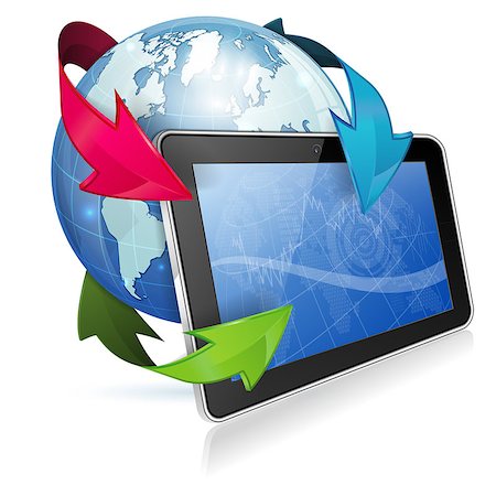simsearch:400-06737278,k - Internet News Concept with Tablet PC, Arrows and Earth, vector icon isolated on white background Stock Photo - Budget Royalty-Free & Subscription, Code: 400-06737256