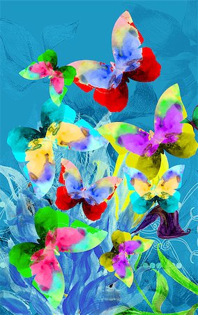 flowers drawings - Colorful illustration of butterflies on blue plants Stock Photo - Budget Royalty-Free & Subscription, Code: 400-06738235