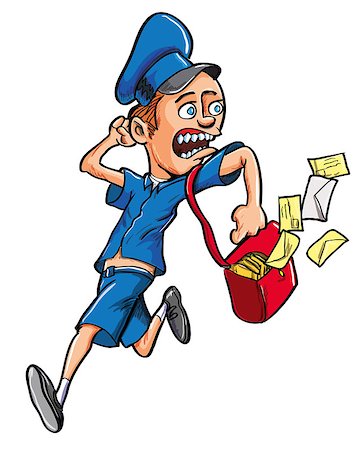 people running scared - Fun cartoon illustration of a male postman in uniform running with letters flying out of his satchel and looking over his shoulder with a wide eyed expression isolated on white Stock Photo - Budget Royalty-Free & Subscription, Code: 400-06745741