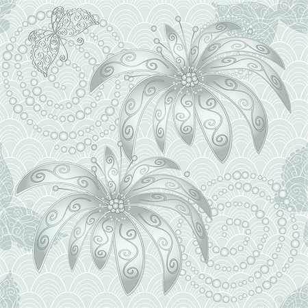 Silvery vintage seamless pattern with flowers, butterflies and concentric circles (vector) Stock Photo - Budget Royalty-Free & Subscription, Code: 400-06746452